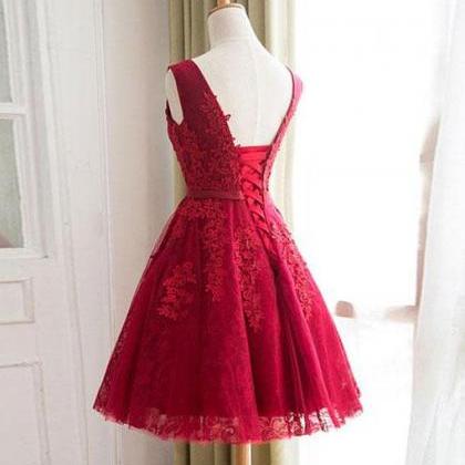 Red Short Lace Skirt Prom Dress Evening With Bow..