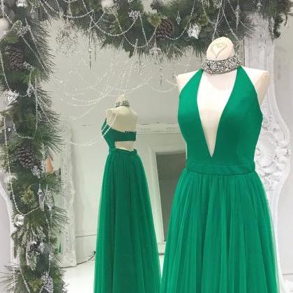 Sexy Full Length Green V Neck Chiffon Beach Dress..