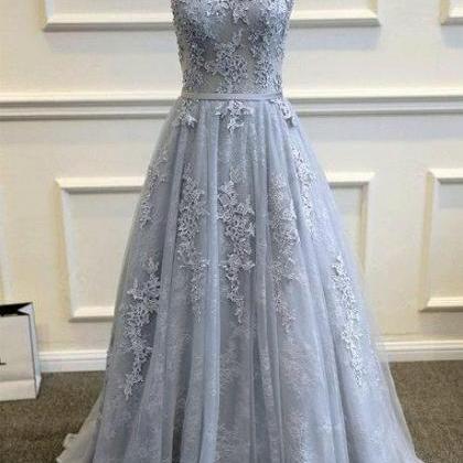 Sexy Full Length Lace Applique Tulle Prom Dress ,..