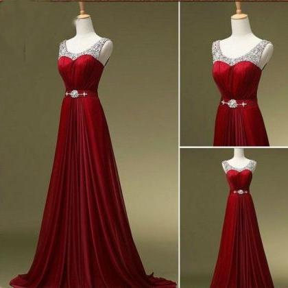 Red Beads Chiffon Prom Dress , Evening Dress ,..