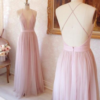 Simple A-line V-neck Long Pink Tulle Prom Dress..