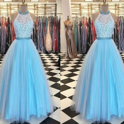 Prety Halter Long Lace Tulle Beding Light Blue..