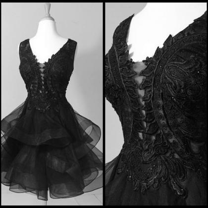 V Neck A Line Sexy Black Short Wedding Dress..