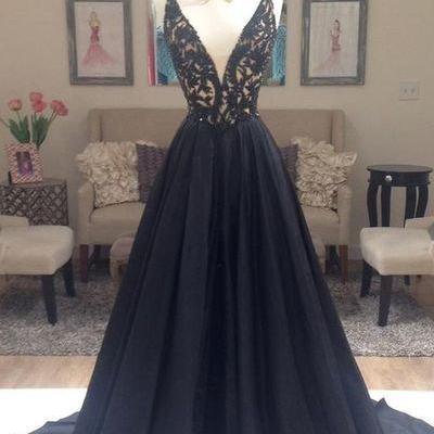 A Line Sexy V Neck Black Backless Prom Dress..