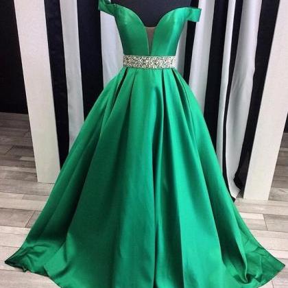 Green Off The Shoulder Lace Up Beading Prom Dress..
