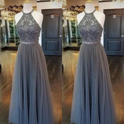 Halter Grey Off The Shoulder Lace Up Beading Prom..