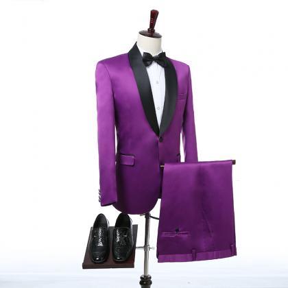 Purple Wedding Mens Suits Black Shawl Lapel One..