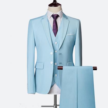 Sky Blue Wedding Formal Bridegroom Tuxedo Men Suits 3 Pcs Business ...