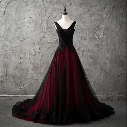 Gothic V-neck Sleeveless Black And Red Wedding..