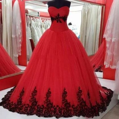Black Red Lace Applique Wedding Dress Lace Up..