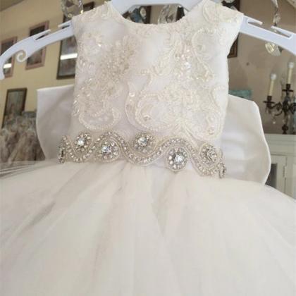 White Crystal Lace Bride Flower Girl Dress For..