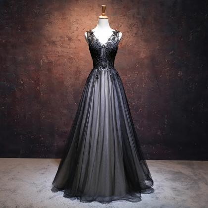 Black V-Neck Tulle Lace Long Prom Dresses, Black A-Line Evening Dresses