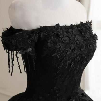 Black Off Shoulder Tulle Lace Long Ball Gown Dress..