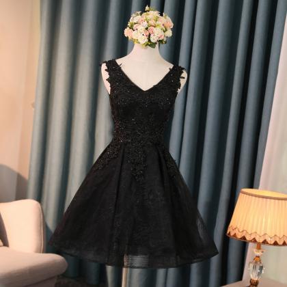 Black V Neck Lace Short Prom Dress, Lace Evening..