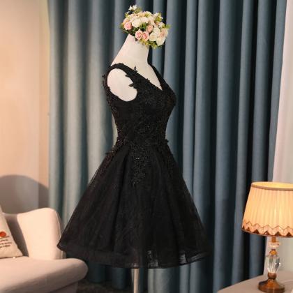 Black V Neck Lace Short Prom Dress, Lace Evening..