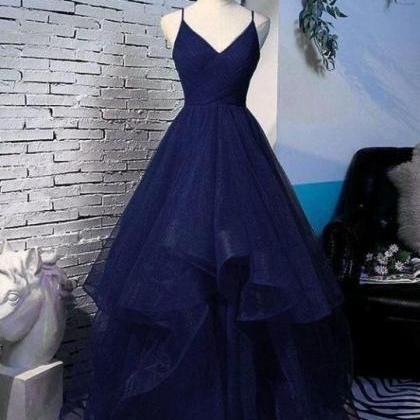 Pretty Navy Blue Tulle Layers Straps Long Evening..