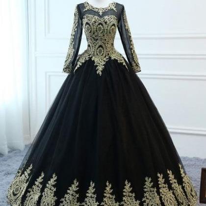Black Long Sleeve Lace Applique Prom Dress Evening..