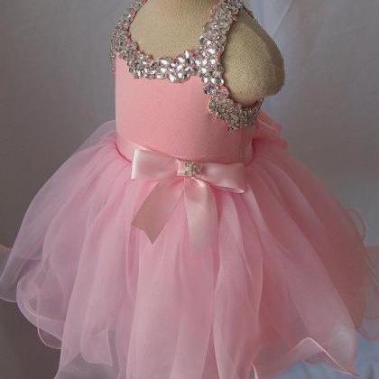 Pink Tulle Bead Flower Girl Dress Kids Party..