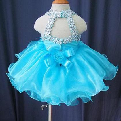 Blue Tulle Bead Flower Girl Dress Kids Party..