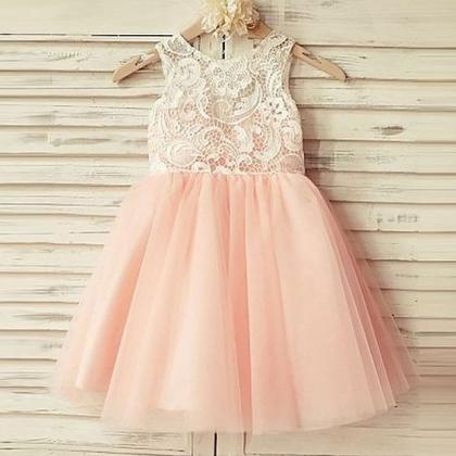 Pink White Lace Applique Flower Girl Dress Kids..