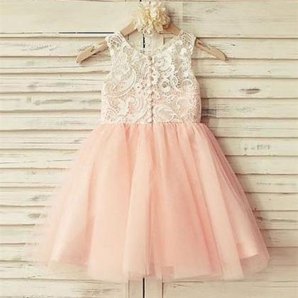 Pink White Lace Applique Flower Girl Dress Kids..