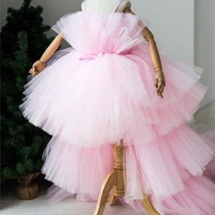 Pink Hi-lo Puffy Layers Flower Girl Dresses Tulle..