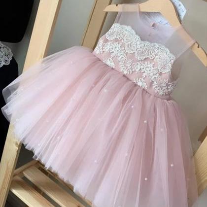 Real Photo Pink White Tulle Lace Flower Girl Dress..