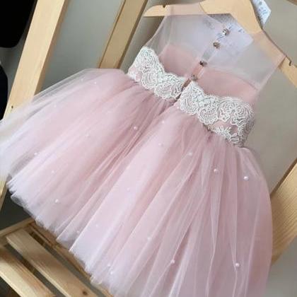 Real Photo Pink White Tulle Lace Flower Girl Dress..