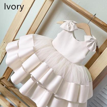 Puffy Layers Pink Flower Girl Dresses Satin Bow..