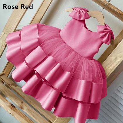 Puffy Layers Pink Flower Girl Dresses Satin Bow..