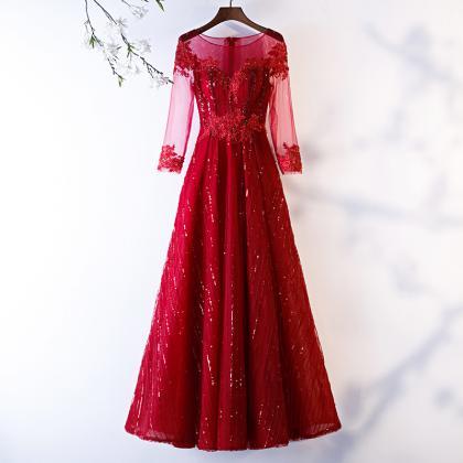 Red Long Sleeve Tulle Prom Dress Eveing Dress Lace..