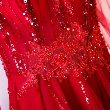 Red Long Sleeve Tulle Prom Dress Eveing Dress Lace..