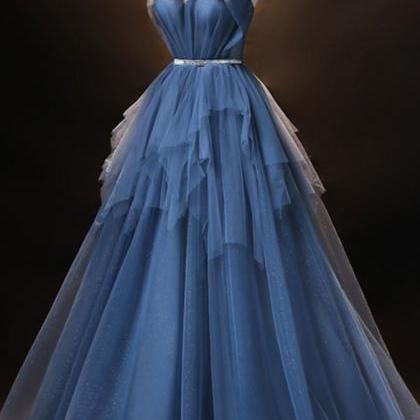 Blue Sweetheart Neck Tulle Long Prom Dress Blue..