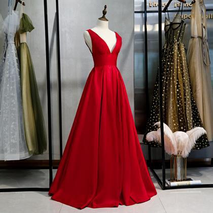 Red V Neck Stain Full Length Prom Dress Eveing..