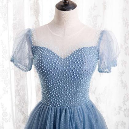 Sky Blue Prom Dress Decorated With Pearls For..
