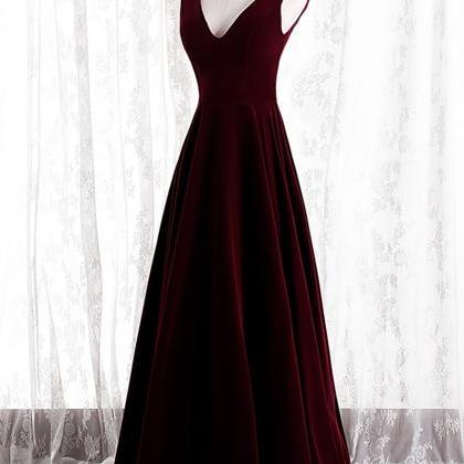 Burgundy V Neck Long Sleeves Velvet Prom Dress with Slit LBQC3780