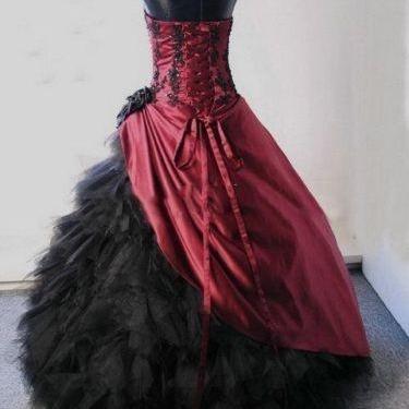 Burgundy Black Corset Ball Gown Prom Dress..