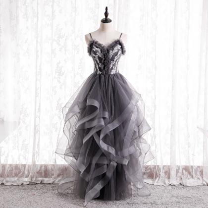 Gray Prom Dress Organza Evening Dress Full Length