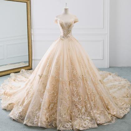 Luxury Fashion Champagne Wedding Dress Bridal Gown..