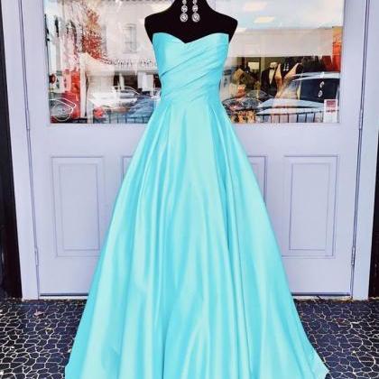 Simple Blue Satin Strapless Long Prom Dress Blue..