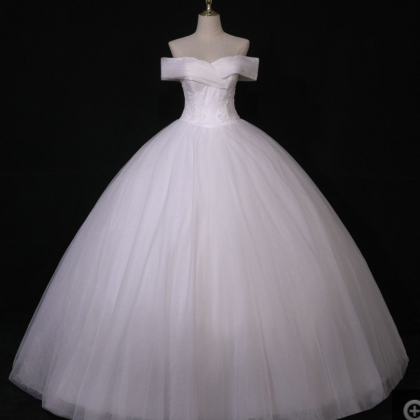 Off Shoulder Ball Gown Lace Applique White Wedding..