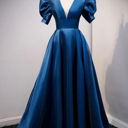 Blue Satin Long Prom Dress Short Blue Evening..