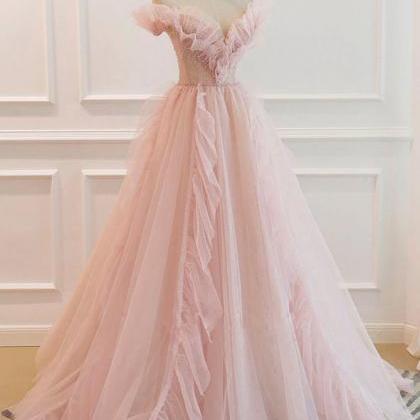 Pink Tulle Strapless Long Prom Dress A Line Evening Dress on Luulla