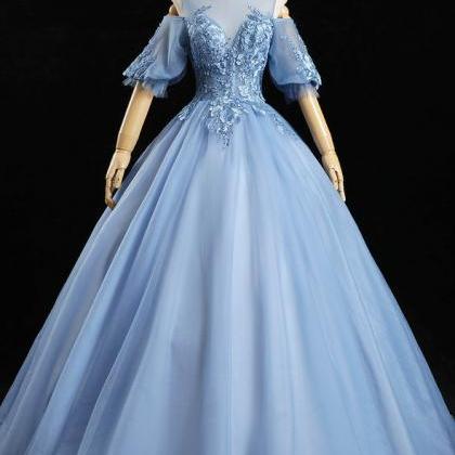 Blue Tulle Lace Long Prom Dress Blue Evening Gown..