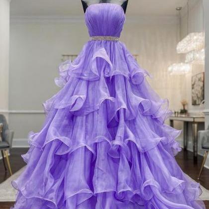 Purple Organza Beads Long Prom Dress A Line..
