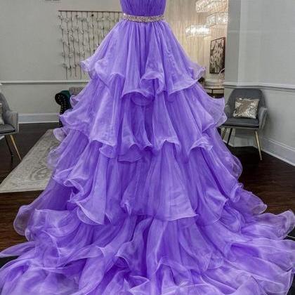 Purple Organza Beads Long Prom Dress A Line..