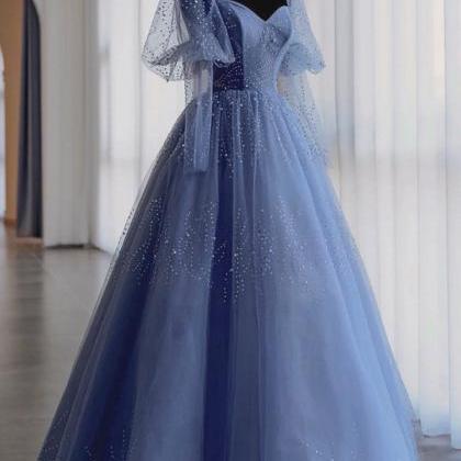 Blue Tulle Beads Long Prom Dress Blue Evening..