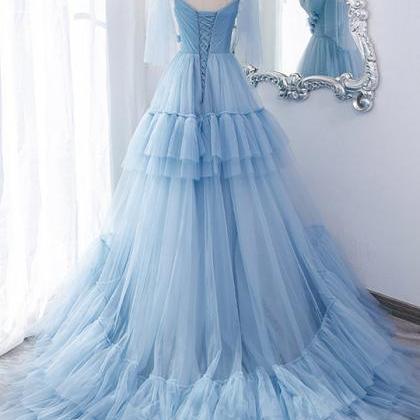 Blue Tulle Long Prom Dress Applique With Train..