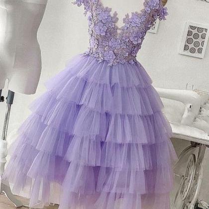 Purple Tulle Applique Short Prom Dress, Homecoming..