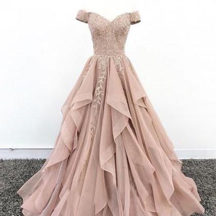 Off Shoulder V Neck Lace Chiffon Long Prom Dress, Evening Dress on Luulla
